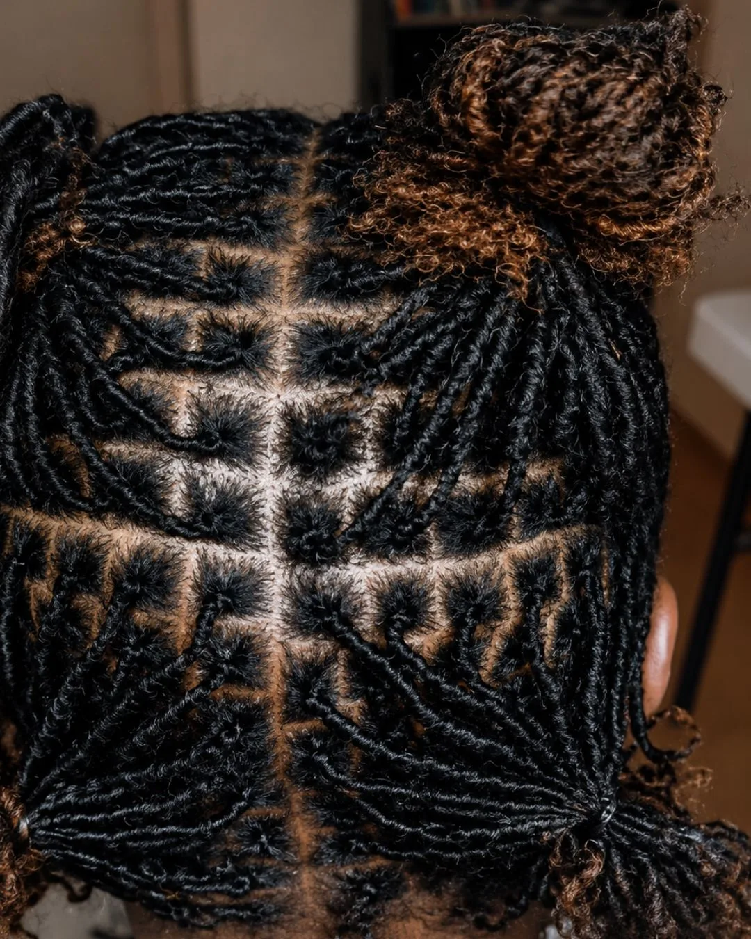 Crown of a head of small locs parted in a square grid, every section the same size with clean scalp showing between them