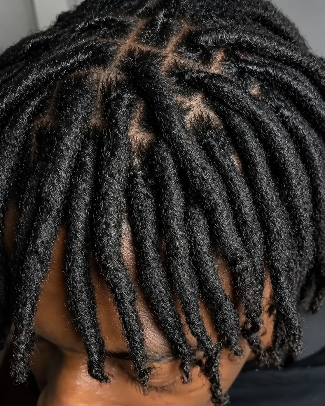 Back of an established set of medium sized locs, thicker than microlocs, with clean even partings showing between them