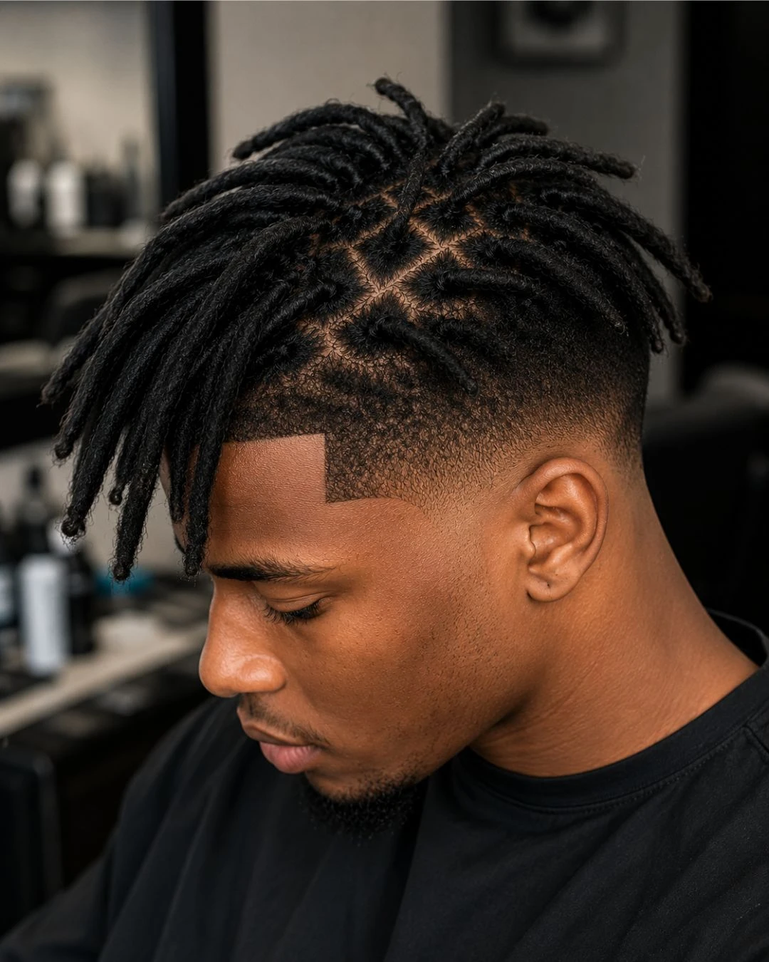 Male client with locs on top and the sides and back tapered short, the parting grid visible through the locs and the hairline sharply lined up