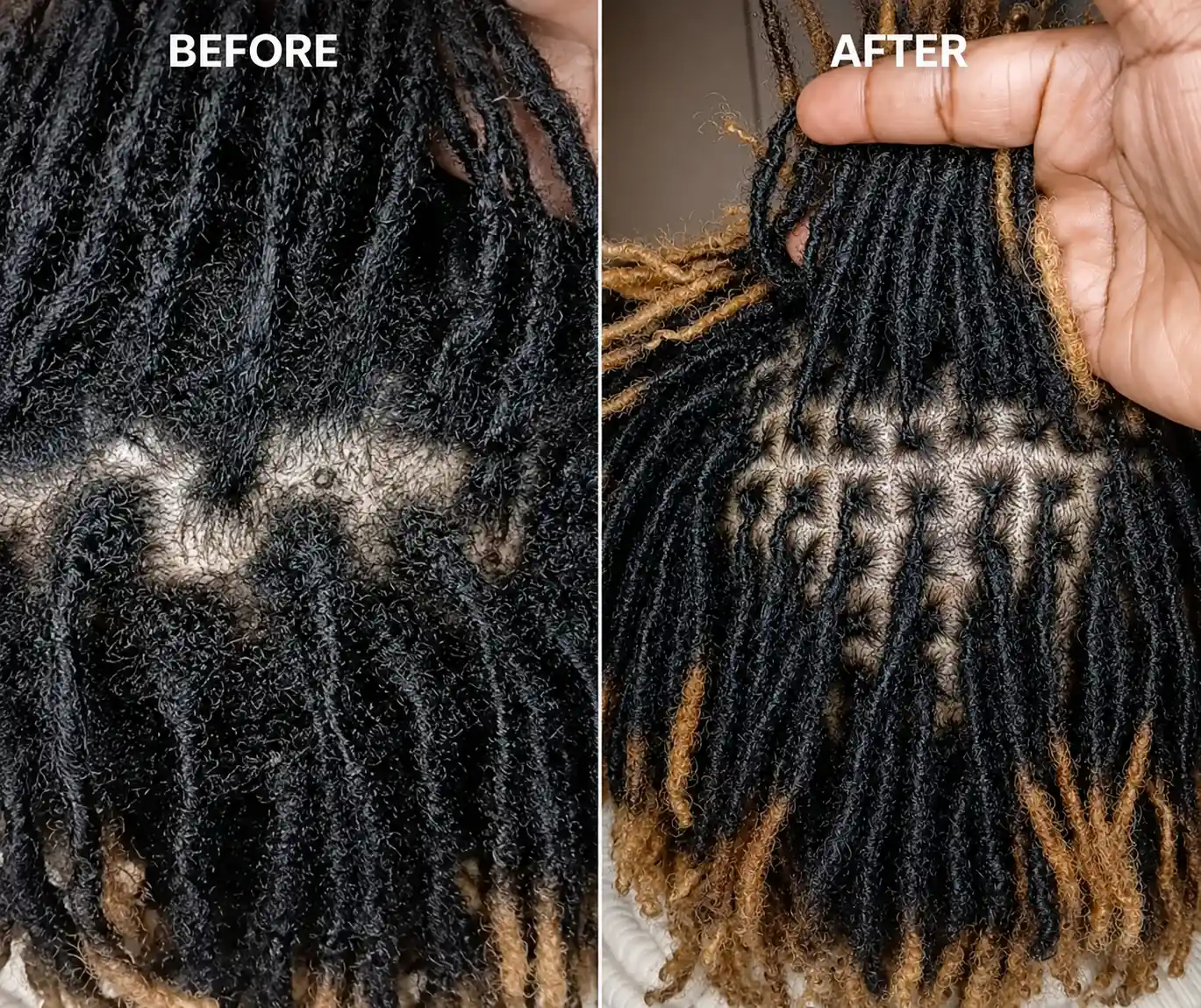 Side by side comparison of the same head of locs, grown out new growth at the root on the left and the same roots cleanly retwisted into an even grid on the right